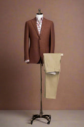 Brick Red Herringbone Wool & Khaki Chino Trousers 2 Piece Suit